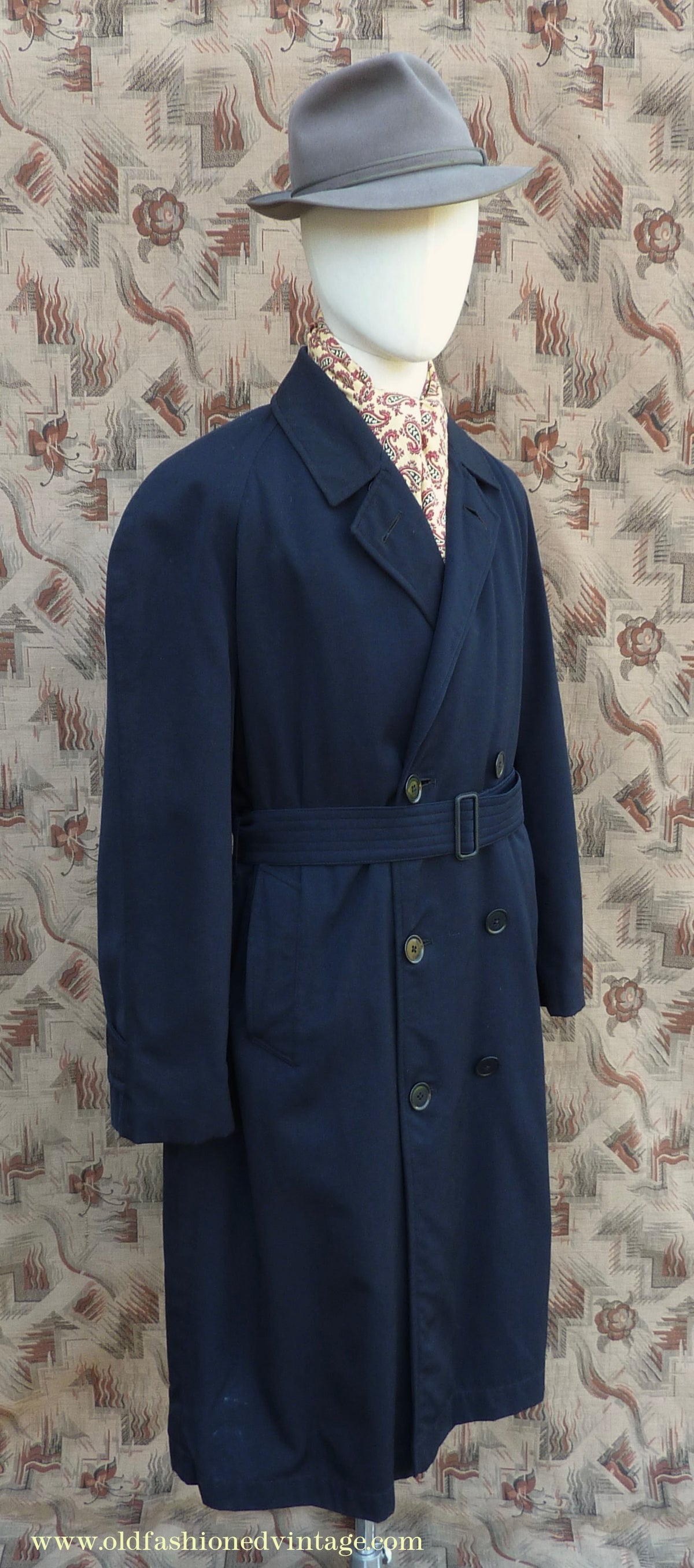 Vintage Mens 1950s Hornes Trenchcoat Navy Blue Gabardine Double Breasted Raincoat Mac 42"