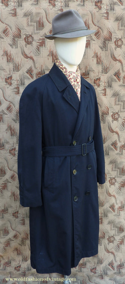 Vintage Mens 1950s Hornes Trenchcoat Navy Blue Gabardine Double Breasted Raincoat Mac 42"