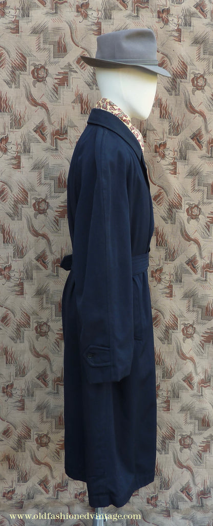 Vintage Mens 1950s Hornes Trenchcoat Navy Blue Gabardine Double Breasted Raincoat Mac 42"