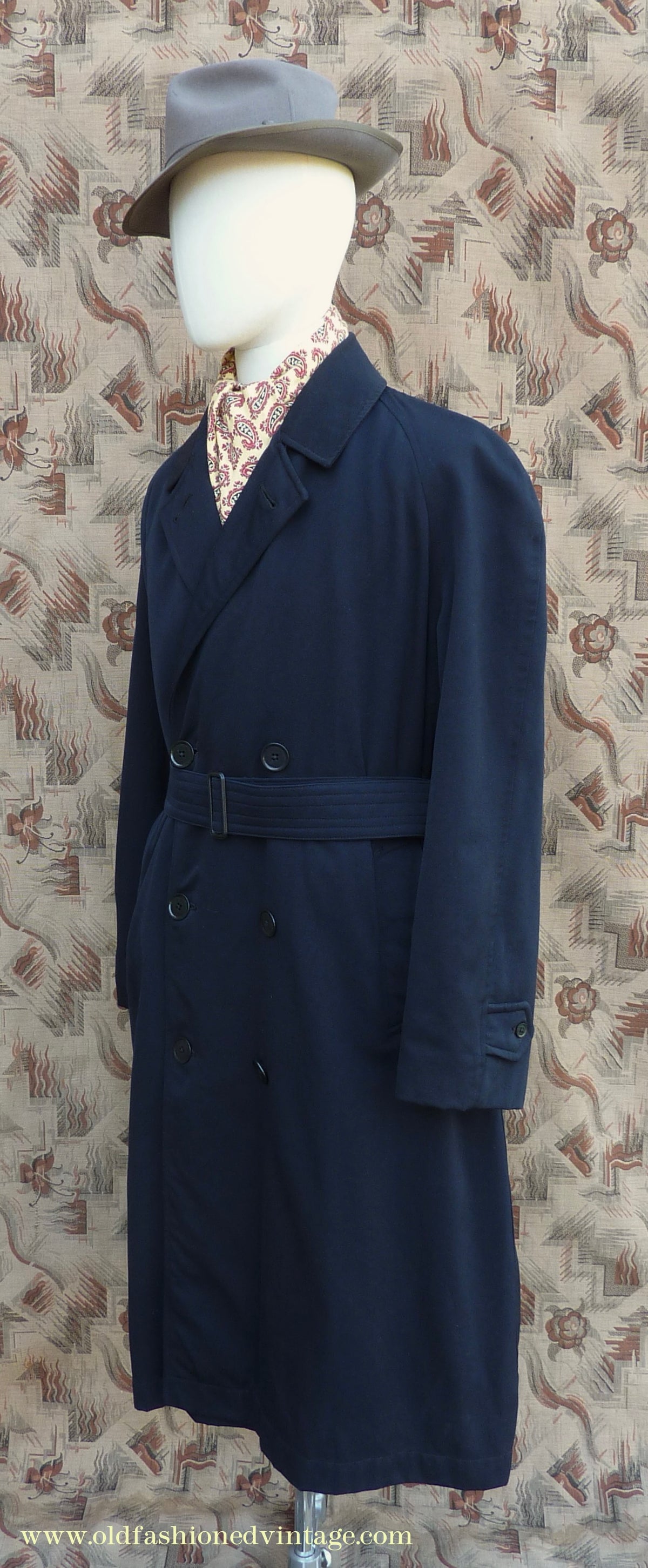 Vintage Mens 1950s Hornes Trenchcoat Navy Blue Gabardine Double Breasted Raincoat Mac 42"
