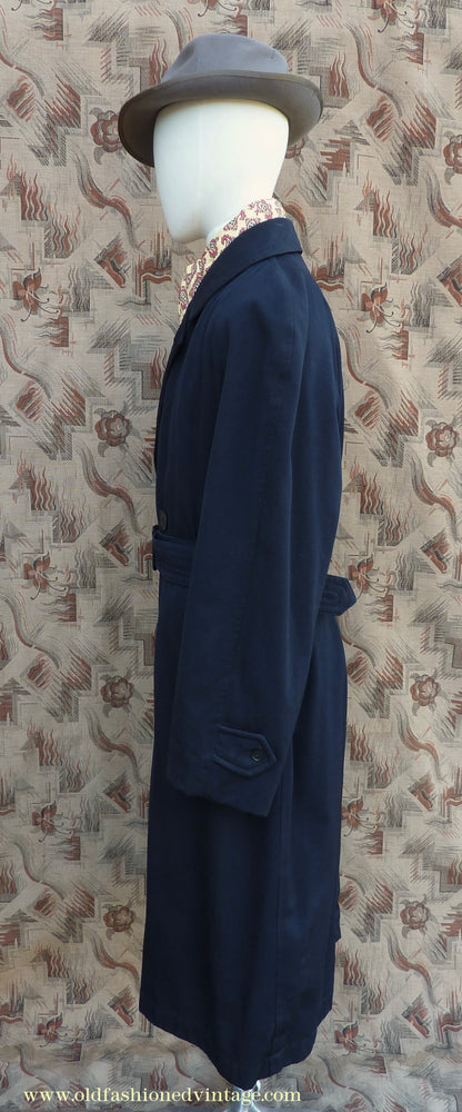 Vintage Mens 1950s Hornes Trenchcoat Navy Blue Gabardine Double Breasted Raincoat Mac 42"