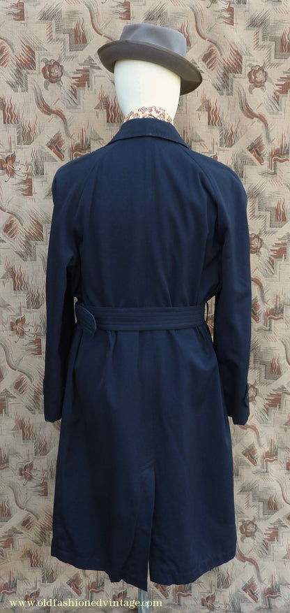 Vintage Mens 1950s Hornes Trenchcoat Navy Blue Gabardine Double Breasted Raincoat Mac 42"