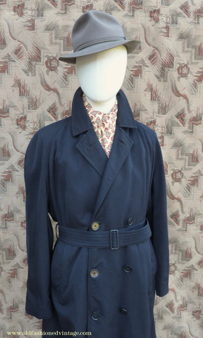 Vintage Mens 1950s Hornes Trenchcoat Navy Blue Gabardine Double Breasted Raincoat Mac 42"