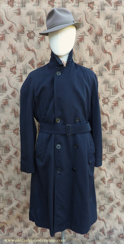Vintage Mens 1950s Hornes Trenchcoat Navy Blue Gabardine Double Breasted Raincoat Mac 42"