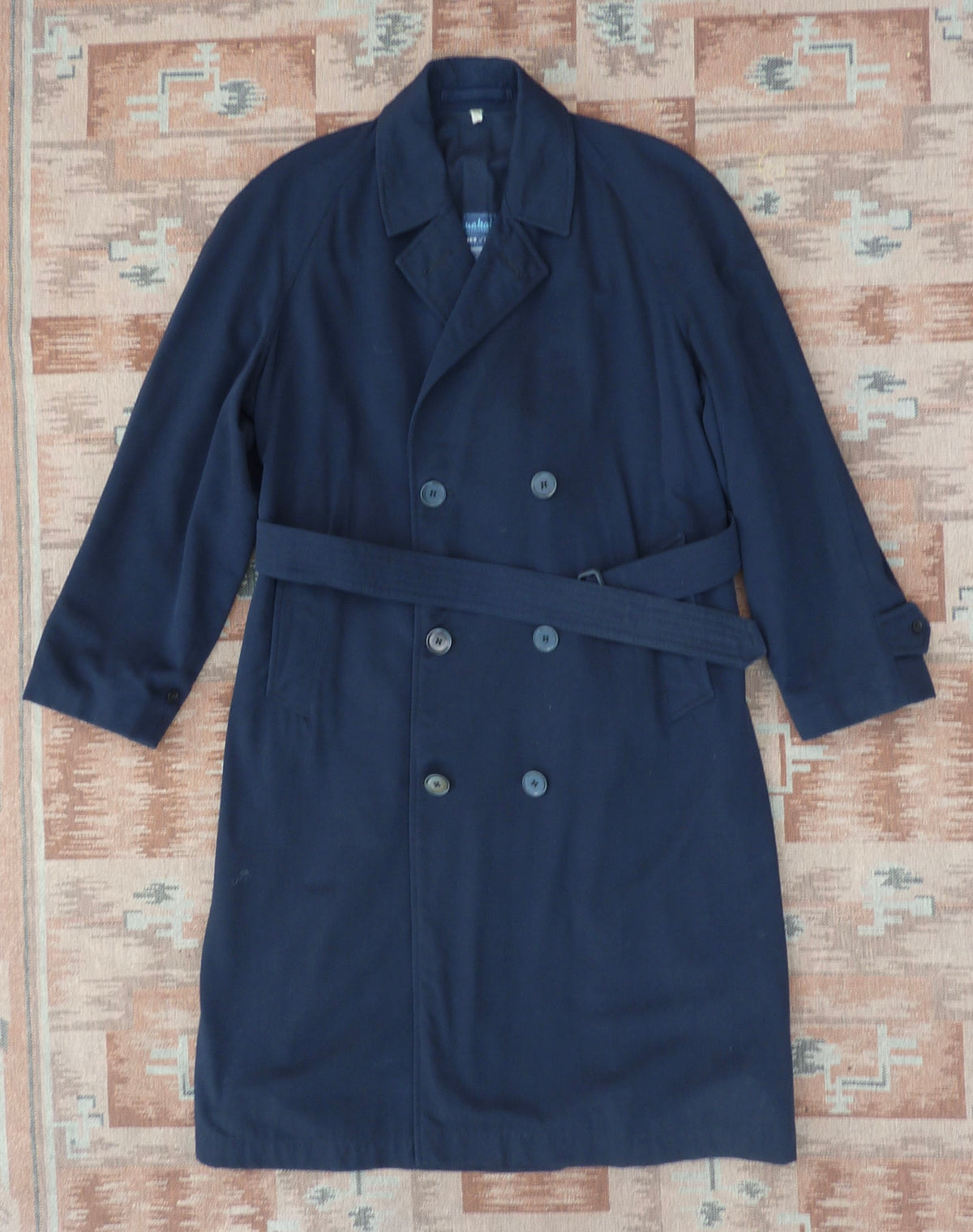 Vintage Mens 1950s Hornes Trenchcoat Navy Blue Gabardine Double Breasted Raincoat Mac 42"