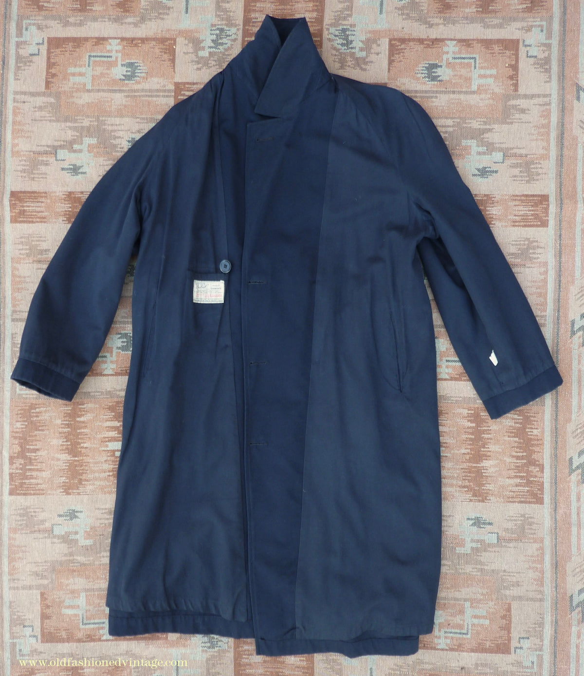 Vintage Mens 1950s Hornes Trenchcoat Navy Blue Gabardine Double Breasted Raincoat Mac 42"