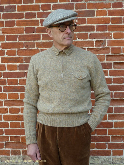 Old Fashioned Garments Vintage Reproduction 1930s 1940s Mens Zip Neck Chest Pocket Jumper Natural Straw Beige Melange Polo Sweater M/L