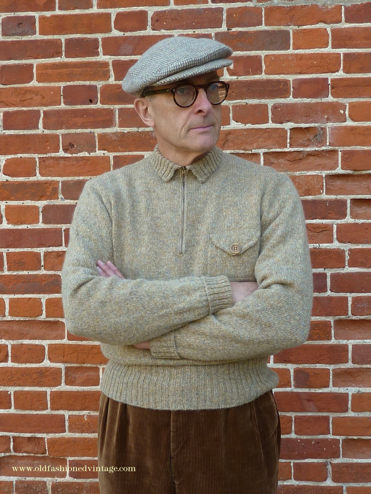 Old Fashioned Garments Vintage Reproduction 1930s 1940s Mens Zip Neck Chest Pocket Jumper Natural Straw Beige Melange Polo Sweater M/L
