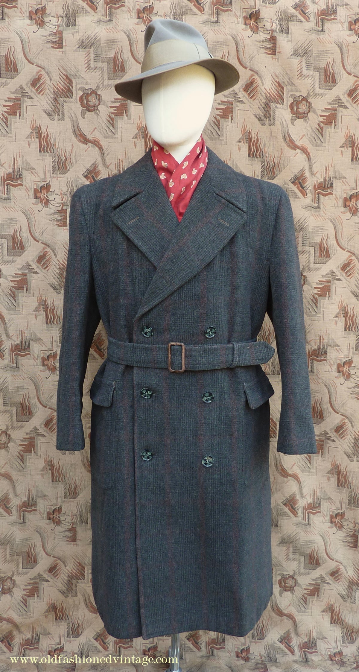Vintage Mens 1940s Burton Laird Double Breasted Overcoat Coat Charcoal Grey Glen Check Wool DB Belted L