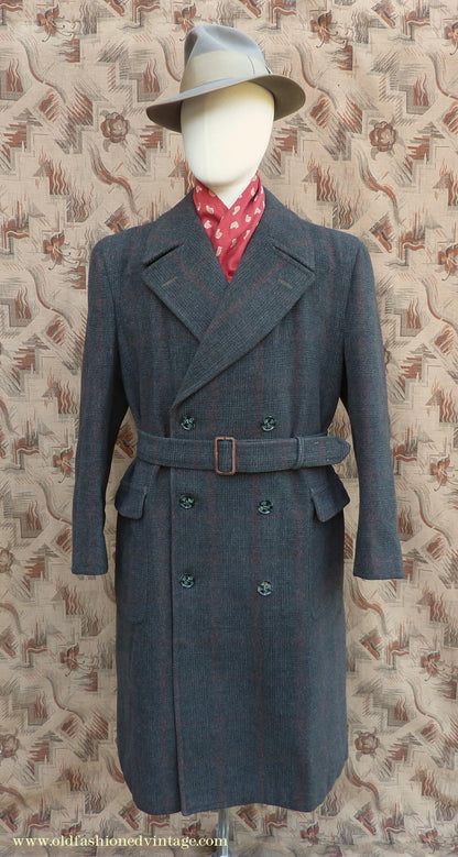 Vintage Mens 1940s Burton Laird Double Breasted Overcoat Coat Charcoal Grey Glen Check Wool DB Belted L