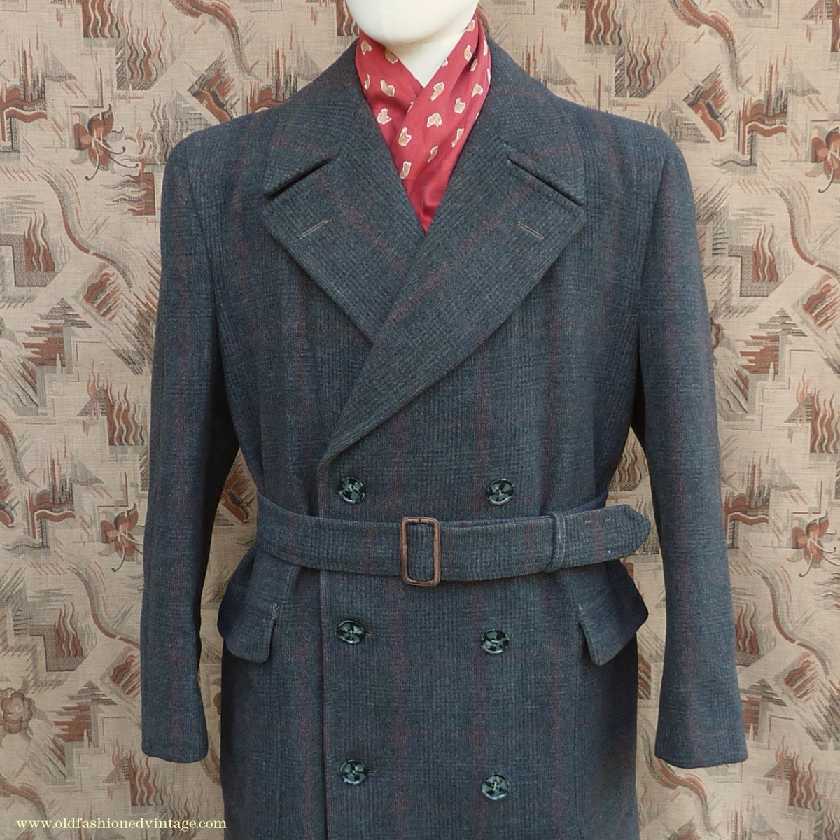 Vintage Mens 1940s Burton Laird Double Breasted Overcoat Coat Charcoal Grey Glen Check Wool DB Belted L