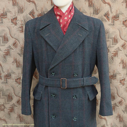 Vintage Mens 1940s Burton Laird Double Breasted Overcoat Coat Charcoal Grey Glen Check Wool DB Belted L