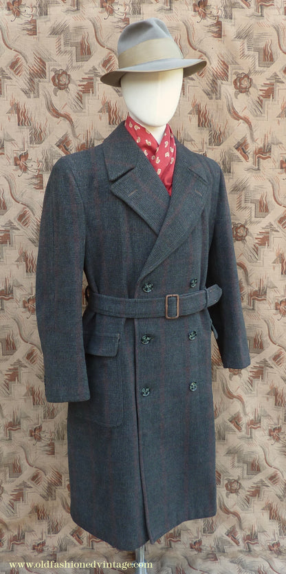 Vintage Mens 1940s Burton Laird Double Breasted Overcoat Coat Charcoal Grey Glen Check Wool DB Belted L