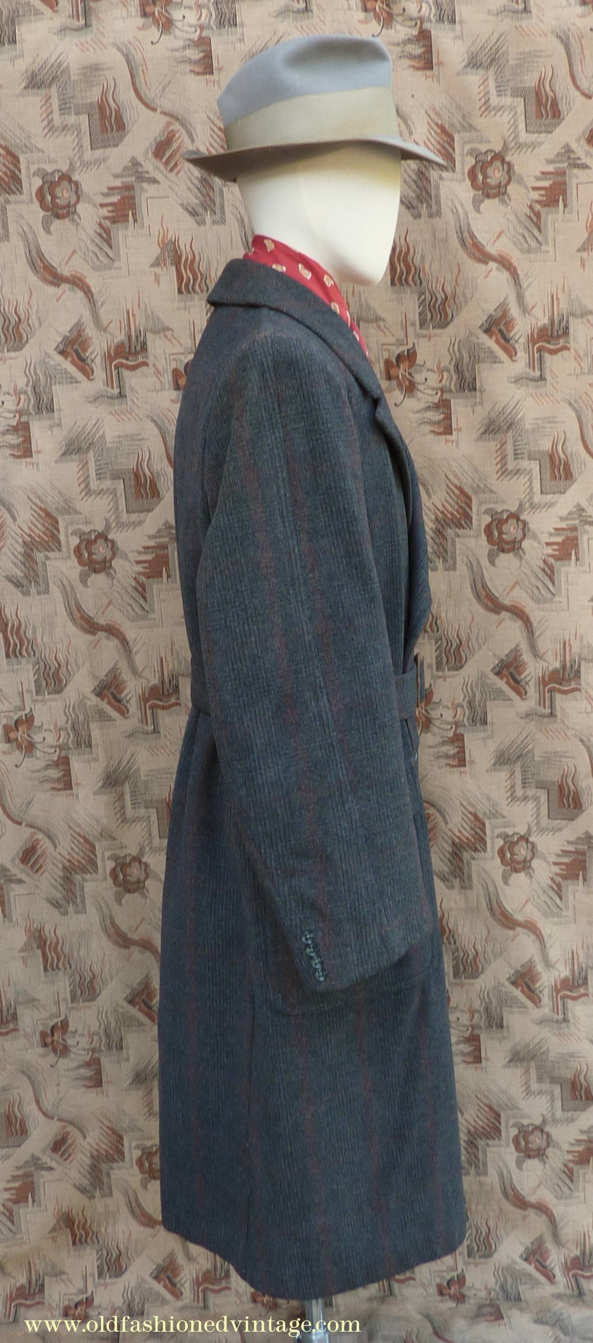 Vintage Mens 1940s Burton Laird Double Breasted Overcoat Coat Charcoal Grey Glen Check Wool DB Belted L