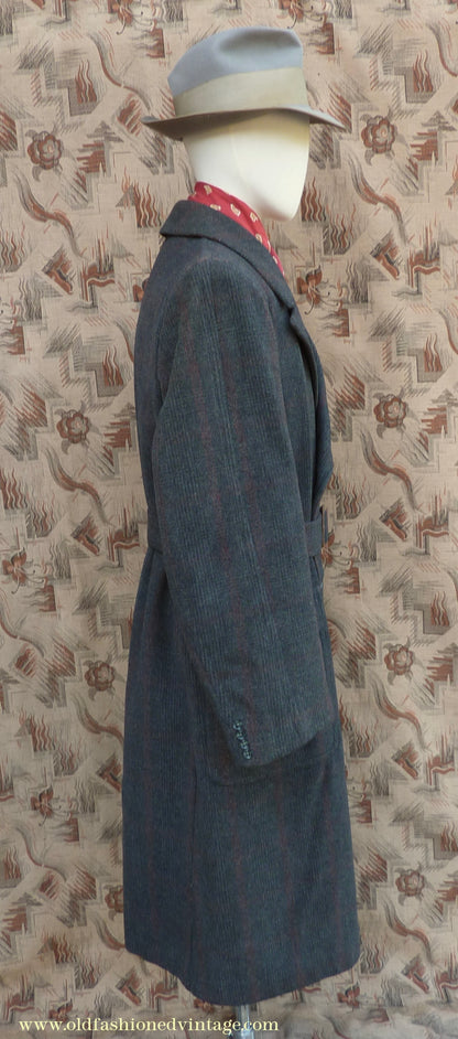 Vintage Mens 1940s Burton Laird Double Breasted Overcoat Coat Charcoal Grey Glen Check Wool DB Belted L