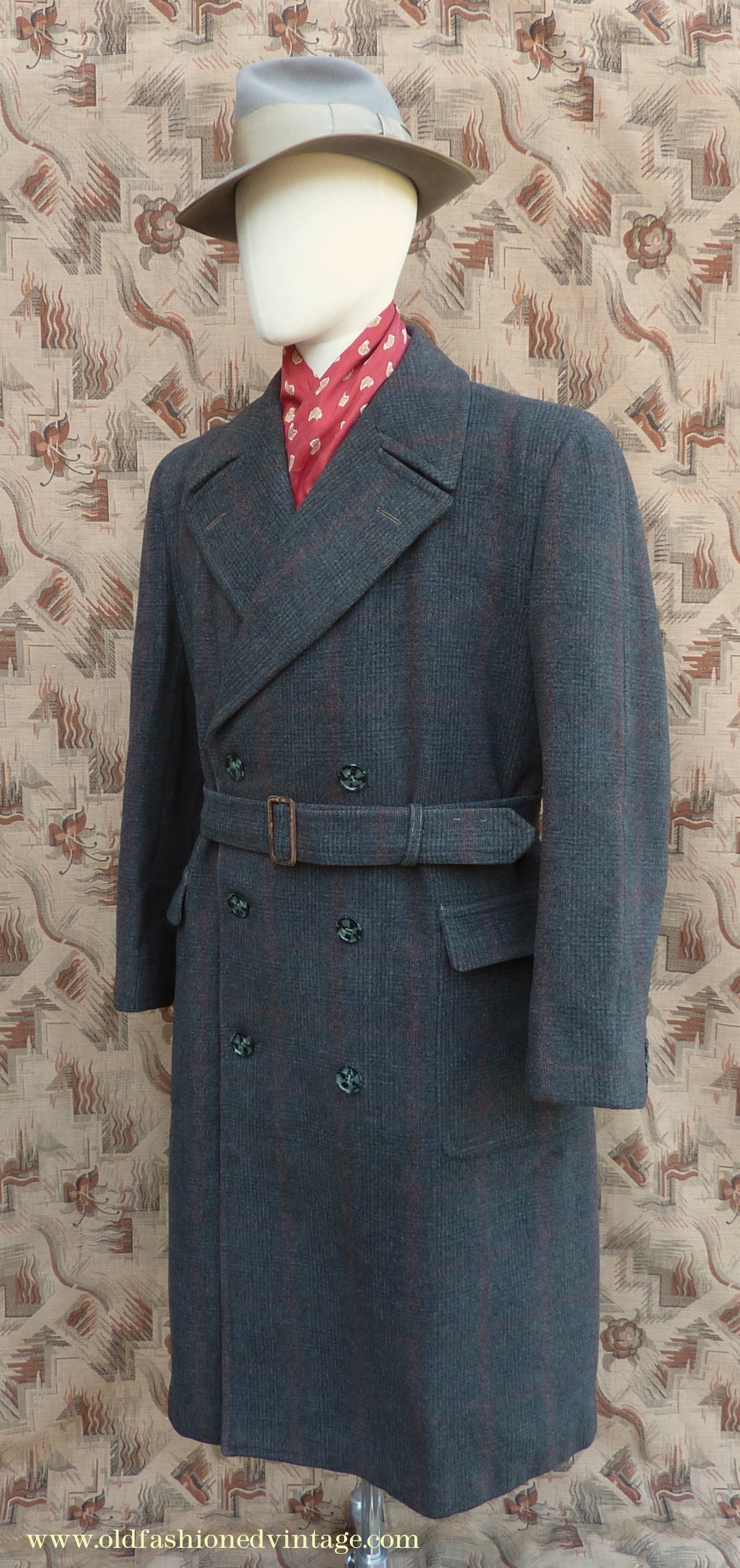 Vintage Mens 1940s Burton Laird Double Breasted Overcoat Coat Charcoal Grey Glen Check Wool DB Belted L
