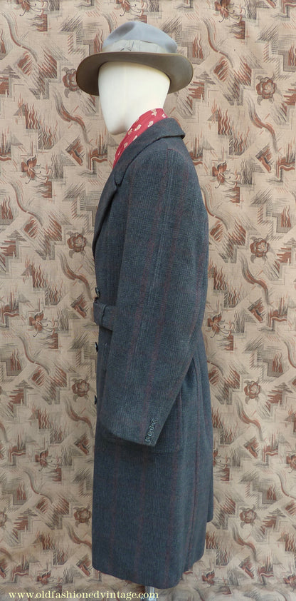 Vintage Mens 1940s Burton Laird Double Breasted Overcoat Coat Charcoal Grey Glen Check Wool DB Belted L