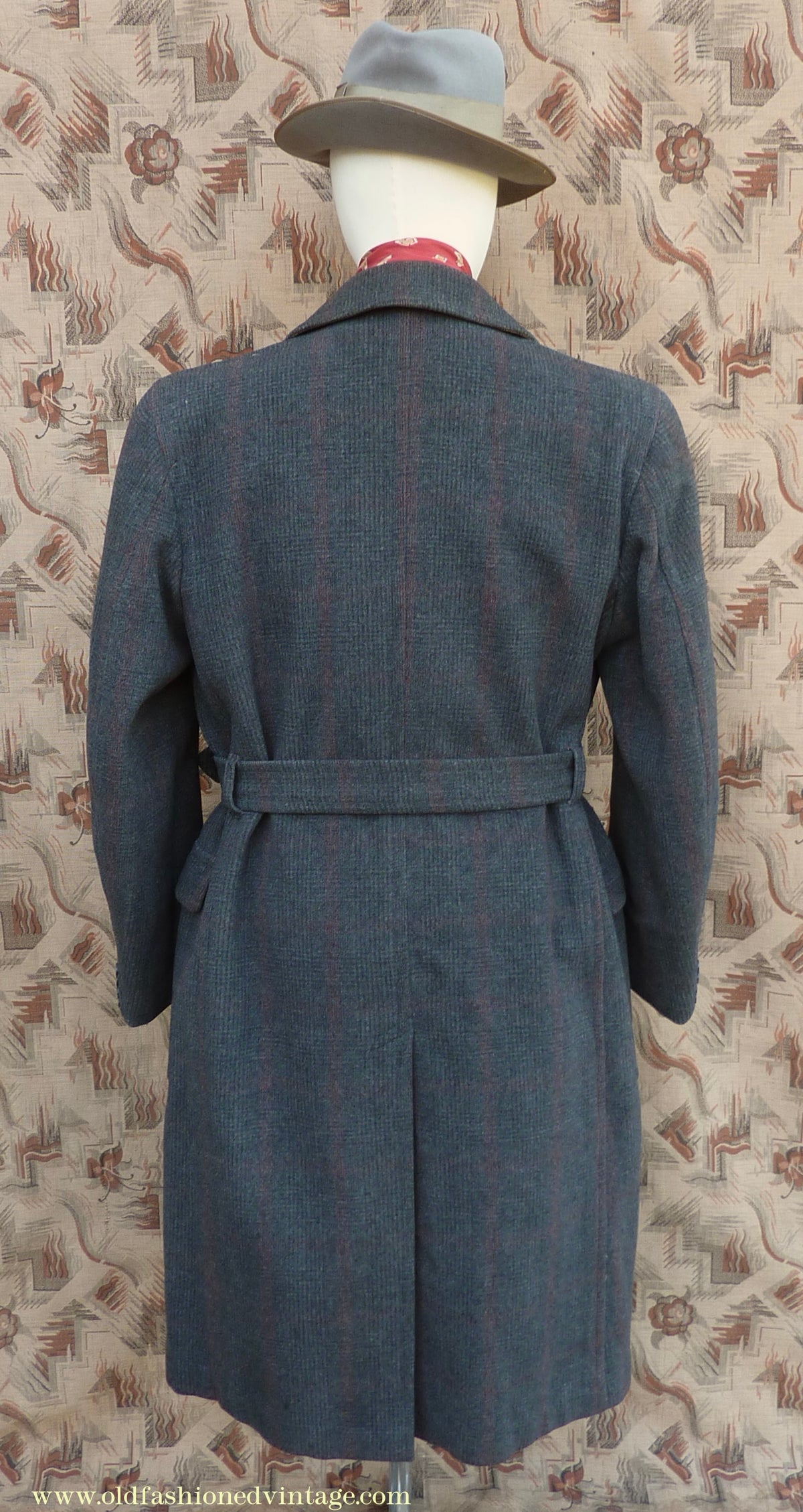 Vintage Mens 1940s Burton Laird Double Breasted Overcoat Coat Charcoal Grey Glen Check Wool DB Belted L