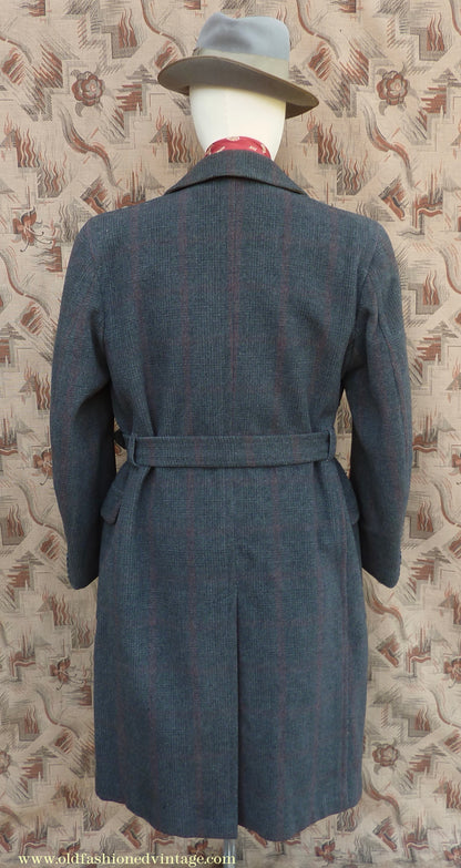 Vintage Mens 1940s Burton Laird Double Breasted Overcoat Coat Charcoal Grey Glen Check Wool DB Belted L