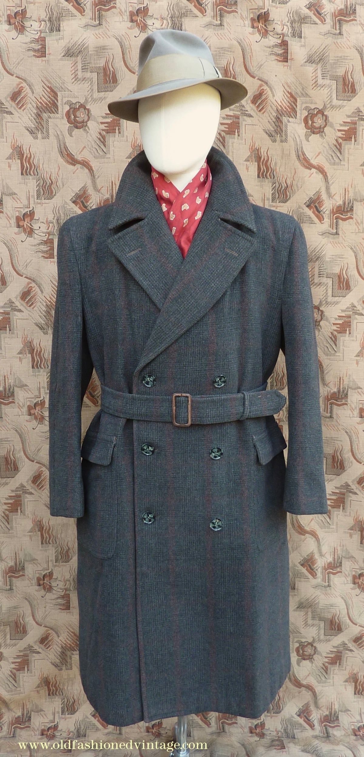 Vintage Mens 1940s Burton Laird Double Breasted Overcoat Coat Charcoal Grey Glen Check Wool DB Belted L