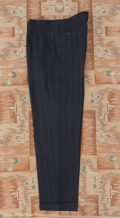Vintage Mens 1950s Trousers Charcoal Grey Herringbone Striped Wool Pants 40" L