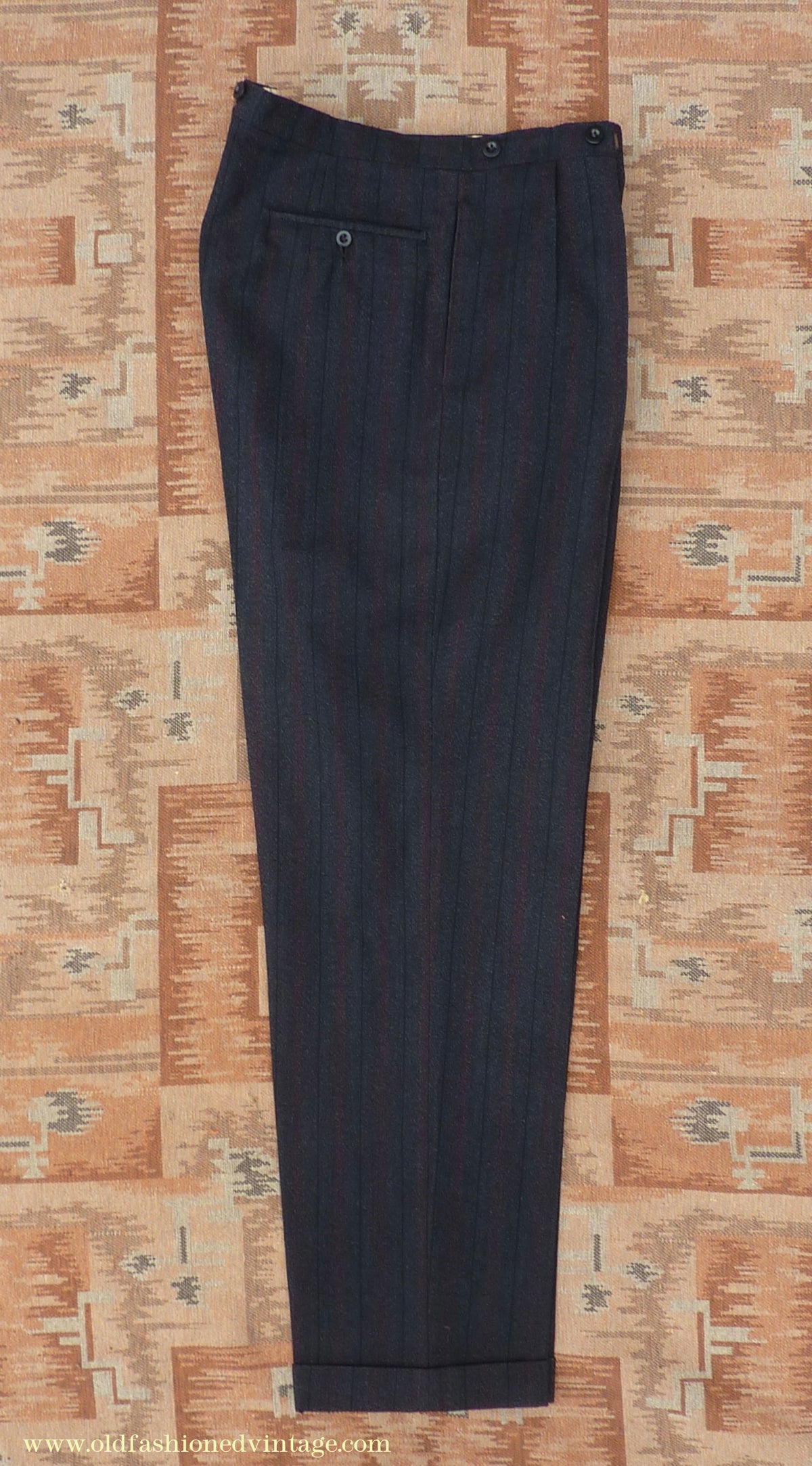 Vintage Mens 1950s Trousers Charcoal Grey Herringbone Striped Wool Pants 40" L