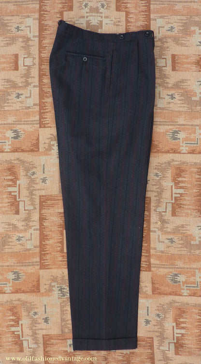 Vintage Mens 1950s Trousers Charcoal Grey Herringbone Striped Wool Pants 40" L