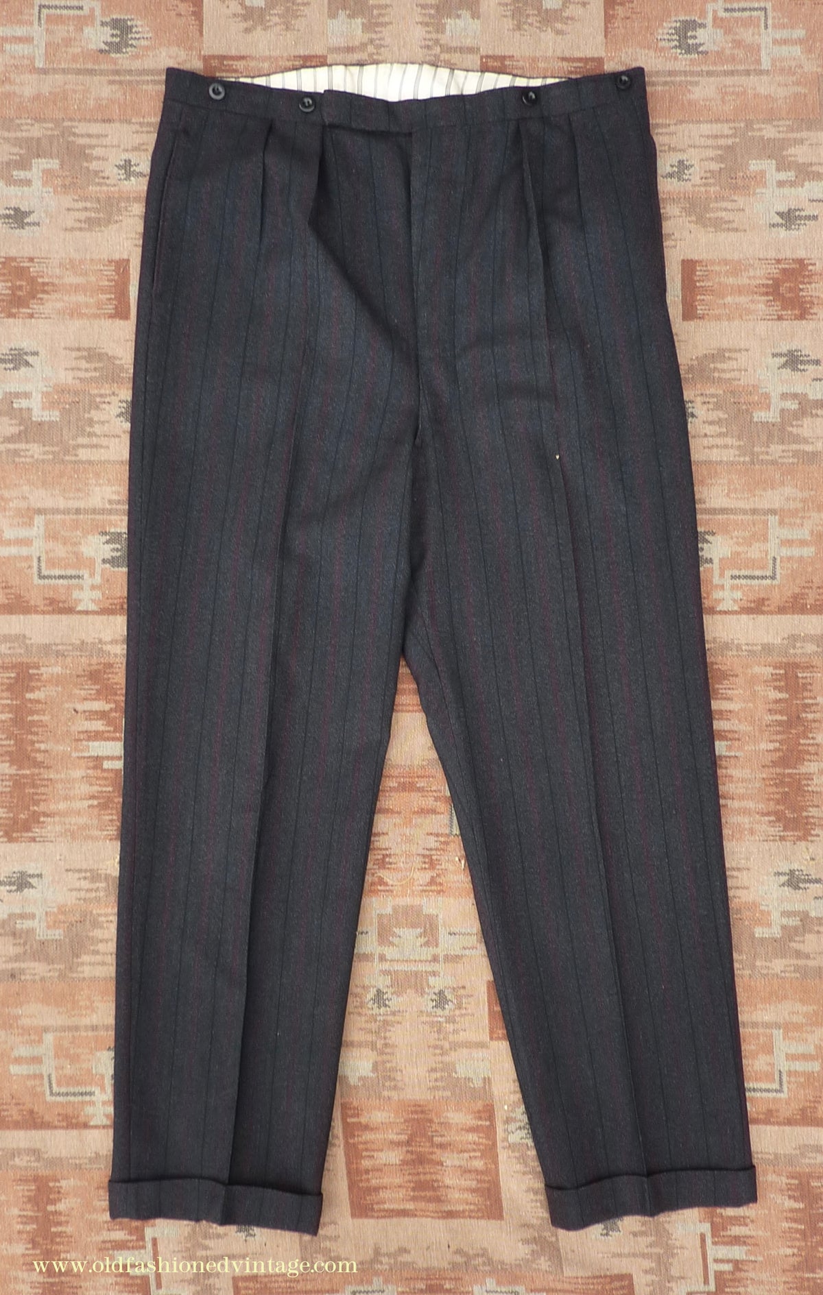 Vintage Mens 1950s Trousers Charcoal Grey Herringbone Striped Wool Pants 40" L