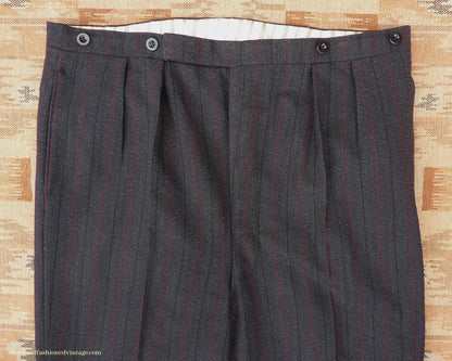 Vintage Mens 1950s Trousers Charcoal Grey Herringbone Striped Wool Pants 40" L