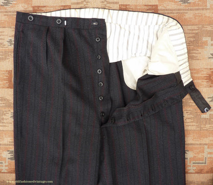 Vintage Mens 1950s Trousers Charcoal Grey Herringbone Striped Wool Pants 40" L