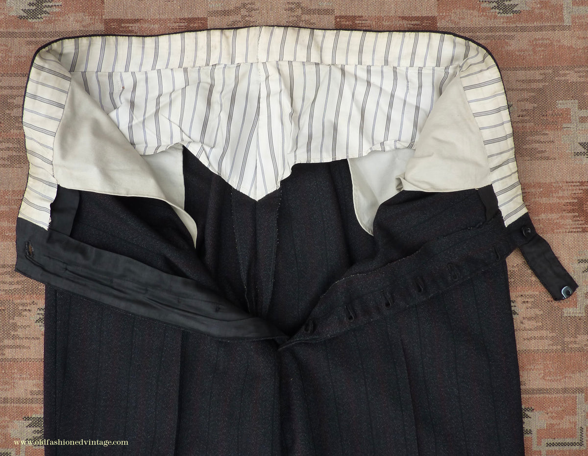 Vintage Mens 1950s Trousers Charcoal Grey Herringbone Striped Wool Pants 40" L