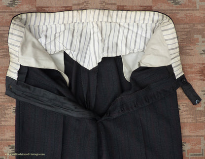 Vintage Mens 1950s Trousers Charcoal Grey Herringbone Striped Wool Pants 40" L