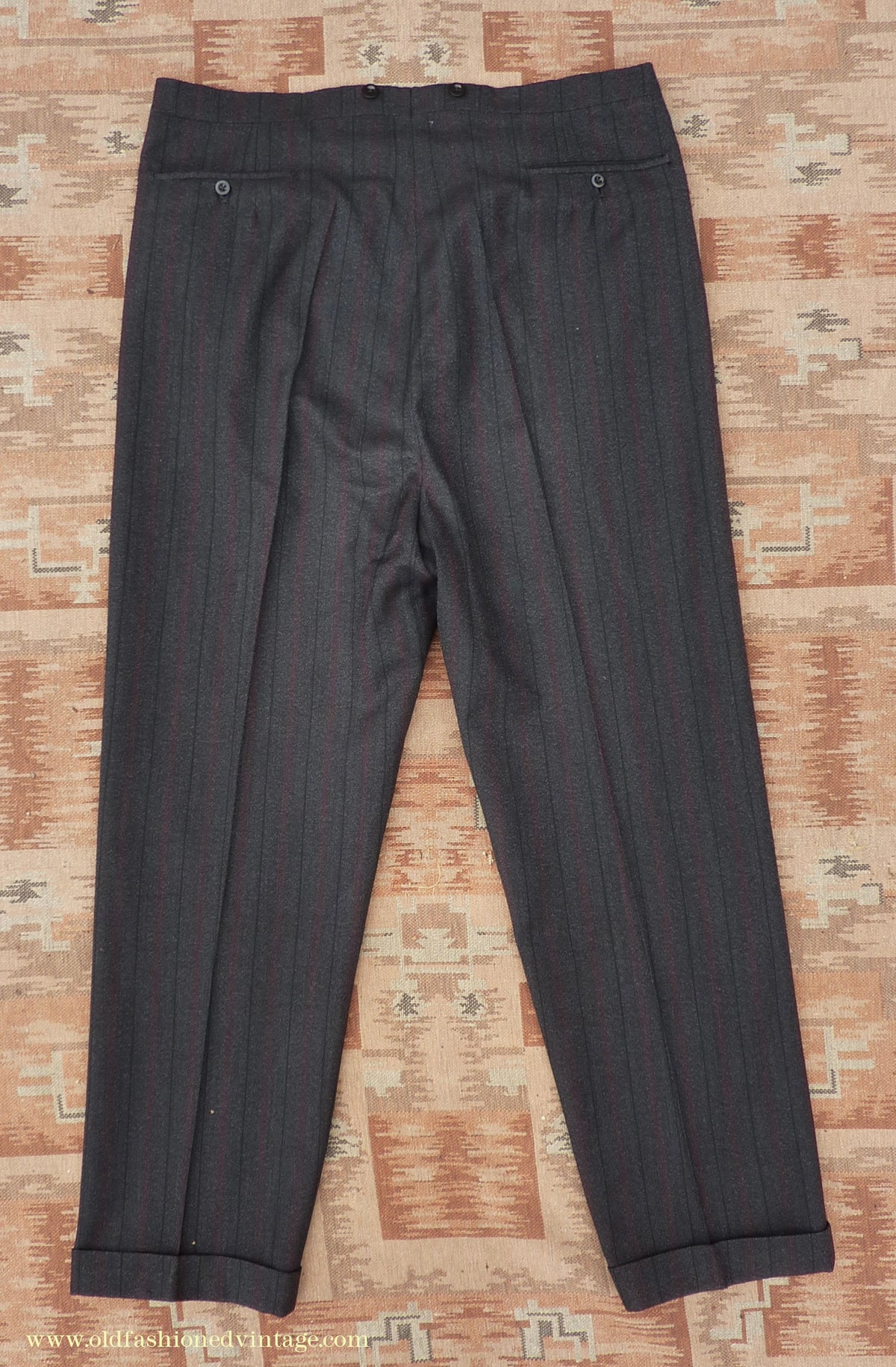 Vintage Mens 1950s Trousers Charcoal Grey Herringbone Striped Wool Pants 40" L