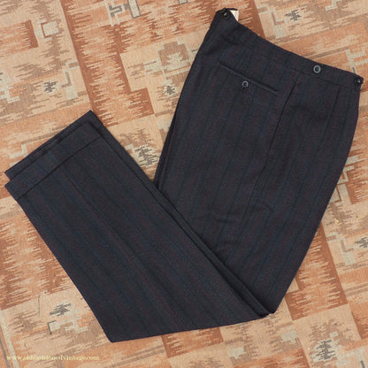 Vintage Mens 1950s Trousers Charcoal Grey Herringbone Striped Wool Pants 40" L