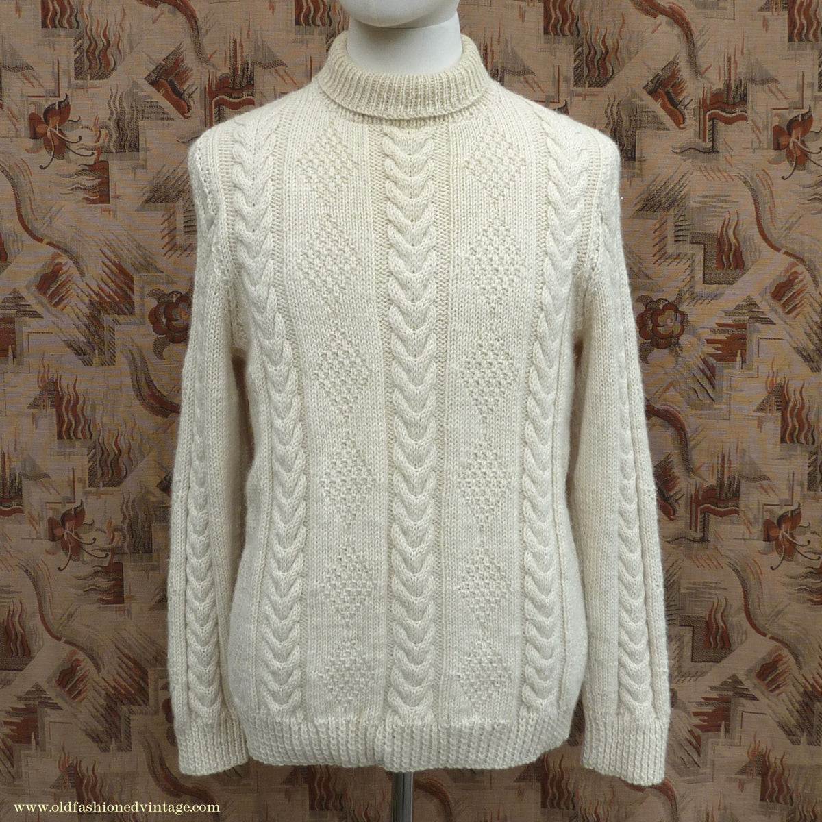 Vintage Mens 1960s Cream Hand Knitted Roll Neck Sweater Cable Knit Jumper Pullover L