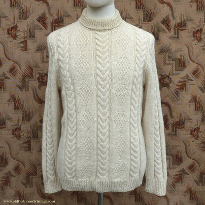Vintage Mens 1960s Cream Hand Knitted Roll Neck Sweater Cable Knit Jumper Pullover L