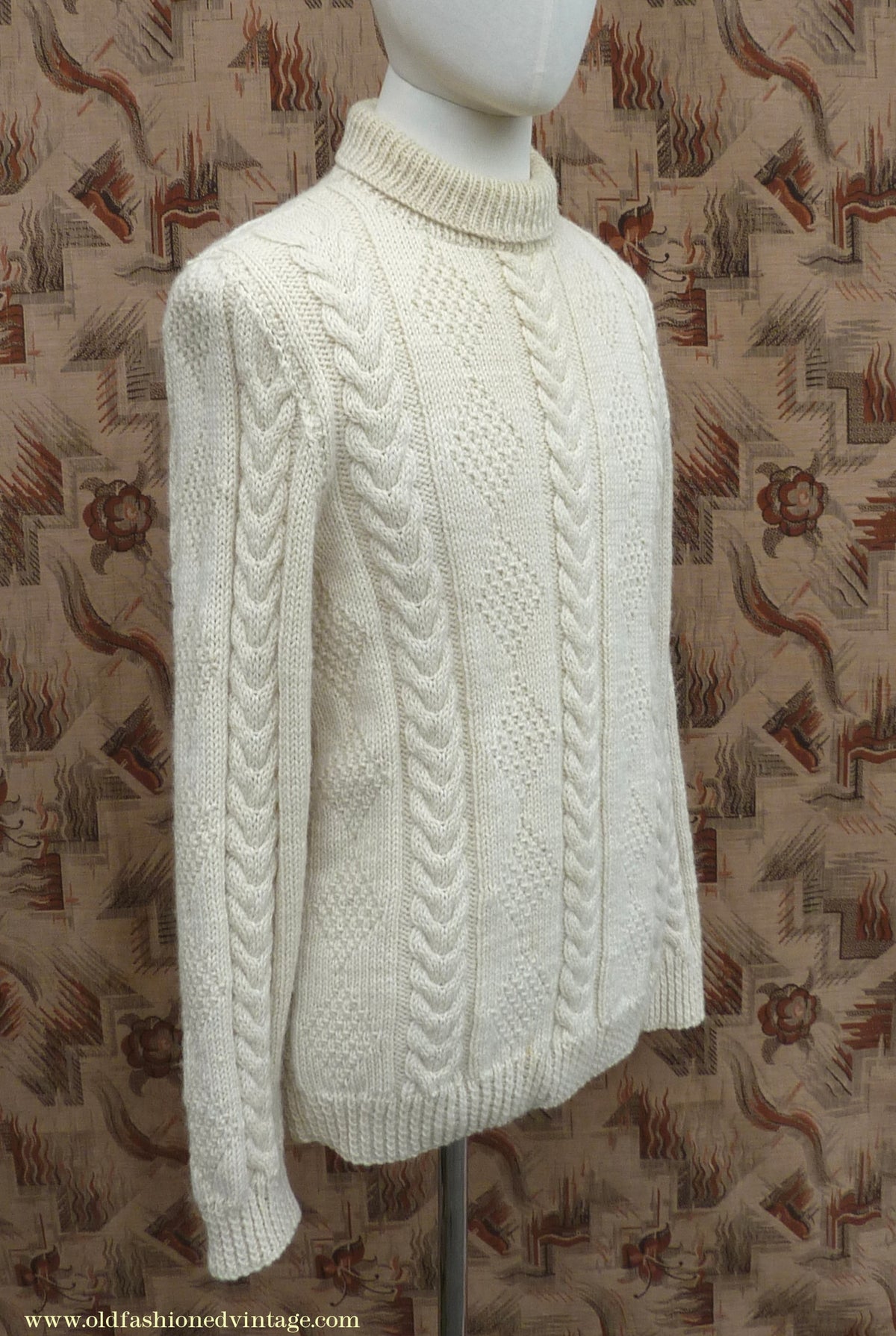Vintage Mens 1960s Cream Hand Knitted Roll Neck Sweater Cable Knit Jumper Pullover L