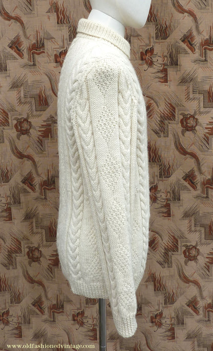 Vintage Mens 1960s Cream Hand Knitted Roll Neck Sweater Cable Knit Jumper Pullover L