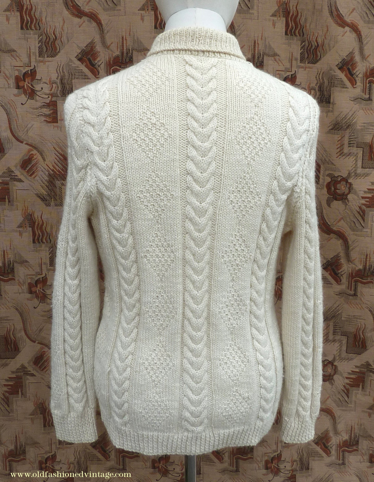 Vintage Mens 1960s Cream Hand Knitted Roll Neck Sweater Cable Knit Jumper Pullover L