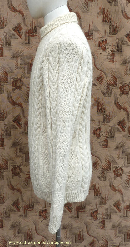 Vintage Mens 1960s Cream Hand Knitted Roll Neck Sweater Cable Knit Jumper Pullover L