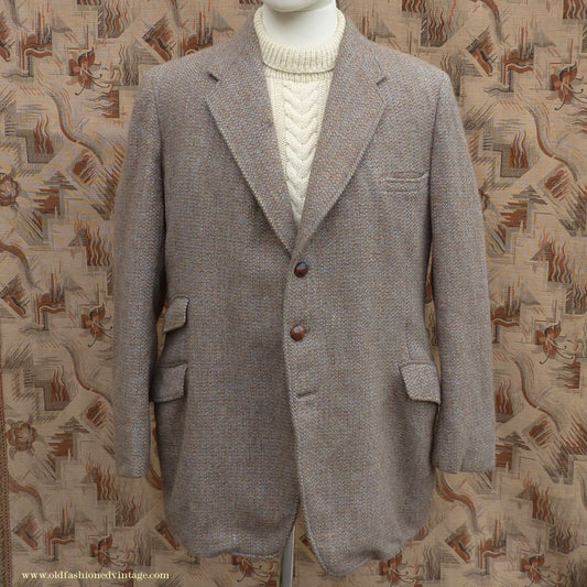 Vintage Mens 1950s Burton Harris Tweed Sports Jacket Grey-Green Brown 44"