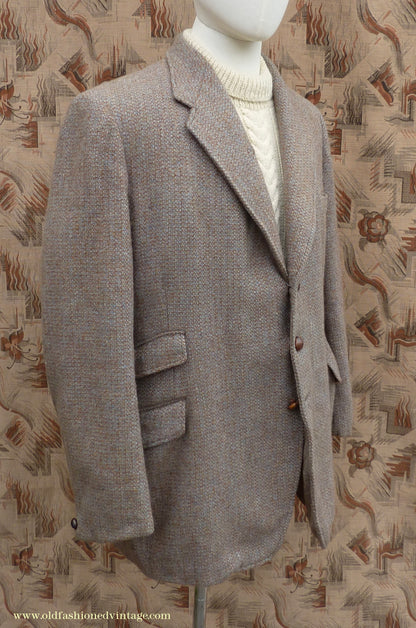 Vintage Mens 1950s Burton Harris Tweed Sports Jacket Grey-Green Brown 44"