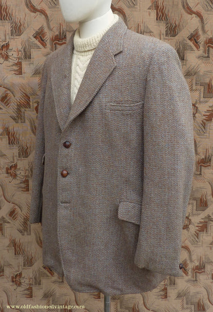 Vintage Mens 1950s Burton Harris Tweed Sports Jacket Grey-Green Brown 44"