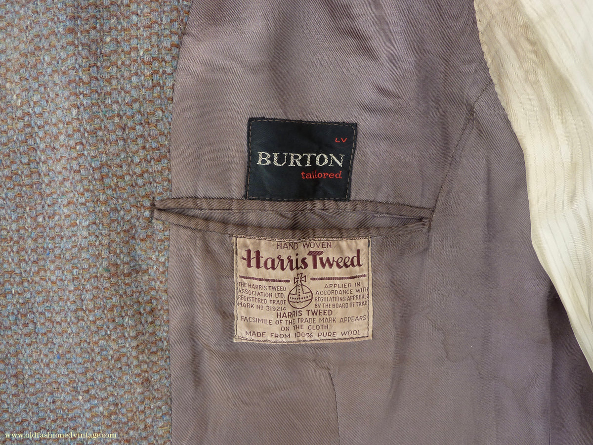 Vintage Mens 1950s Burton Harris Tweed Sports Jacket Grey-Green Brown 44"