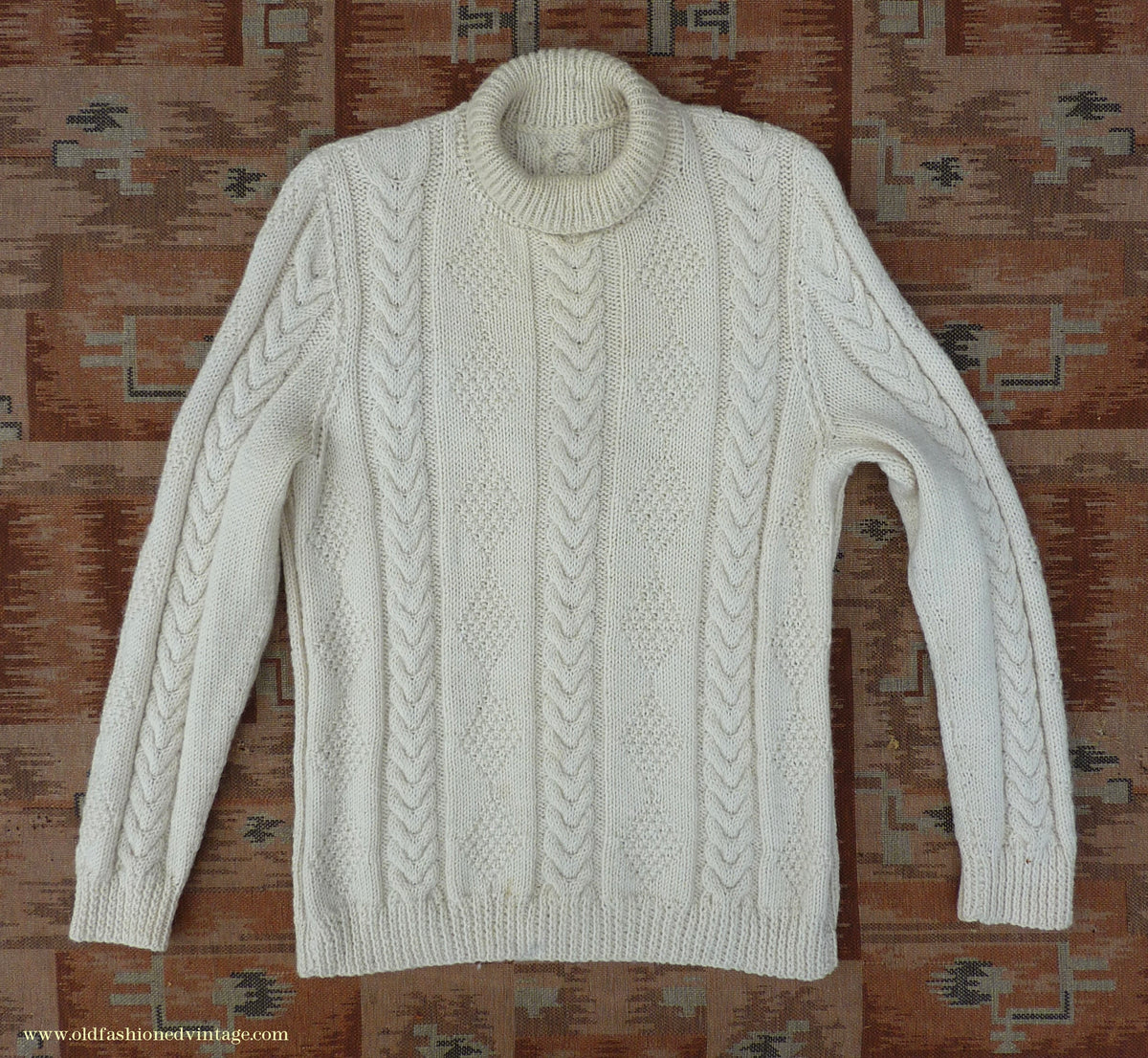 Vintage Mens 1960s Cream Hand Knitted Roll Neck Sweater Cable Knit Jumper Pullover L