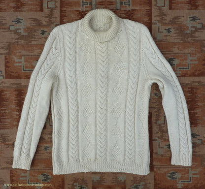 Vintage Mens 1960s Cream Hand Knitted Roll Neck Sweater Cable Knit Jumper Pullover L
