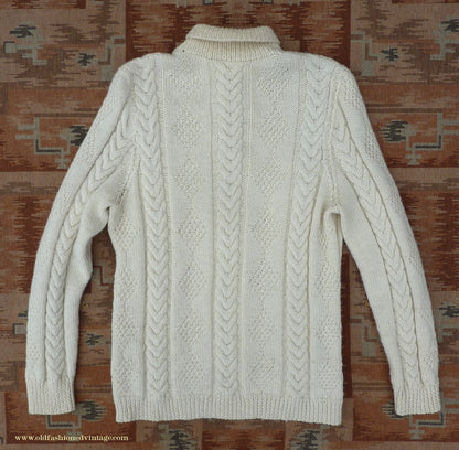 Vintage Mens 1960s Cream Hand Knitted Roll Neck Sweater Cable Knit Jumper Pullover L