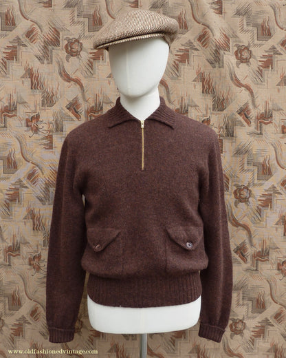 Old Fashioned Garments Vintage Reproduction 1930s Mens Wind-Breaker Coffee Brown Marl Zip Neck Jumper Polo Collar Sweater M