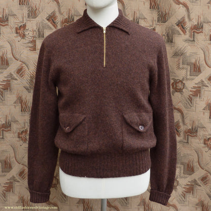 Old Fashioned Garments Vintage Reproduction 1930s Mens Wind-Breaker Coffee Brown Marl Zip Neck Jumper Polo Collar Sweater M