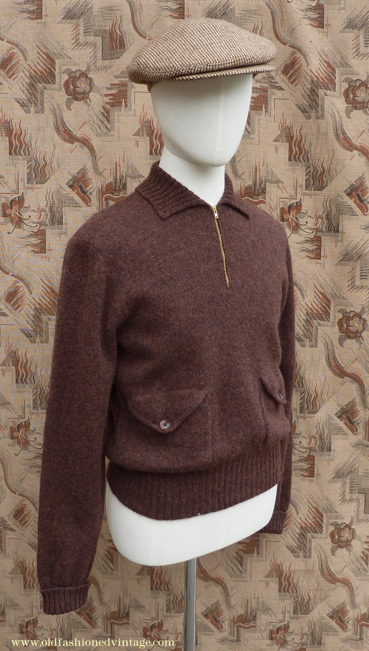 Old Fashioned Garments Vintage Reproduction 1930s Mens Wind-Breaker Coffee Brown Marl Zip Neck Jumper Polo Collar Sweater M
